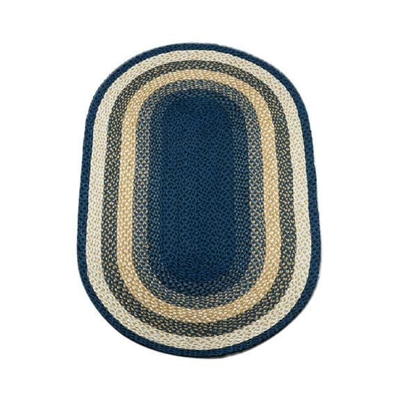 Home Indoor Decorative Jute C-079 Light & Dark Blue, Mustard Braided Rug, Oval 3' x 5'