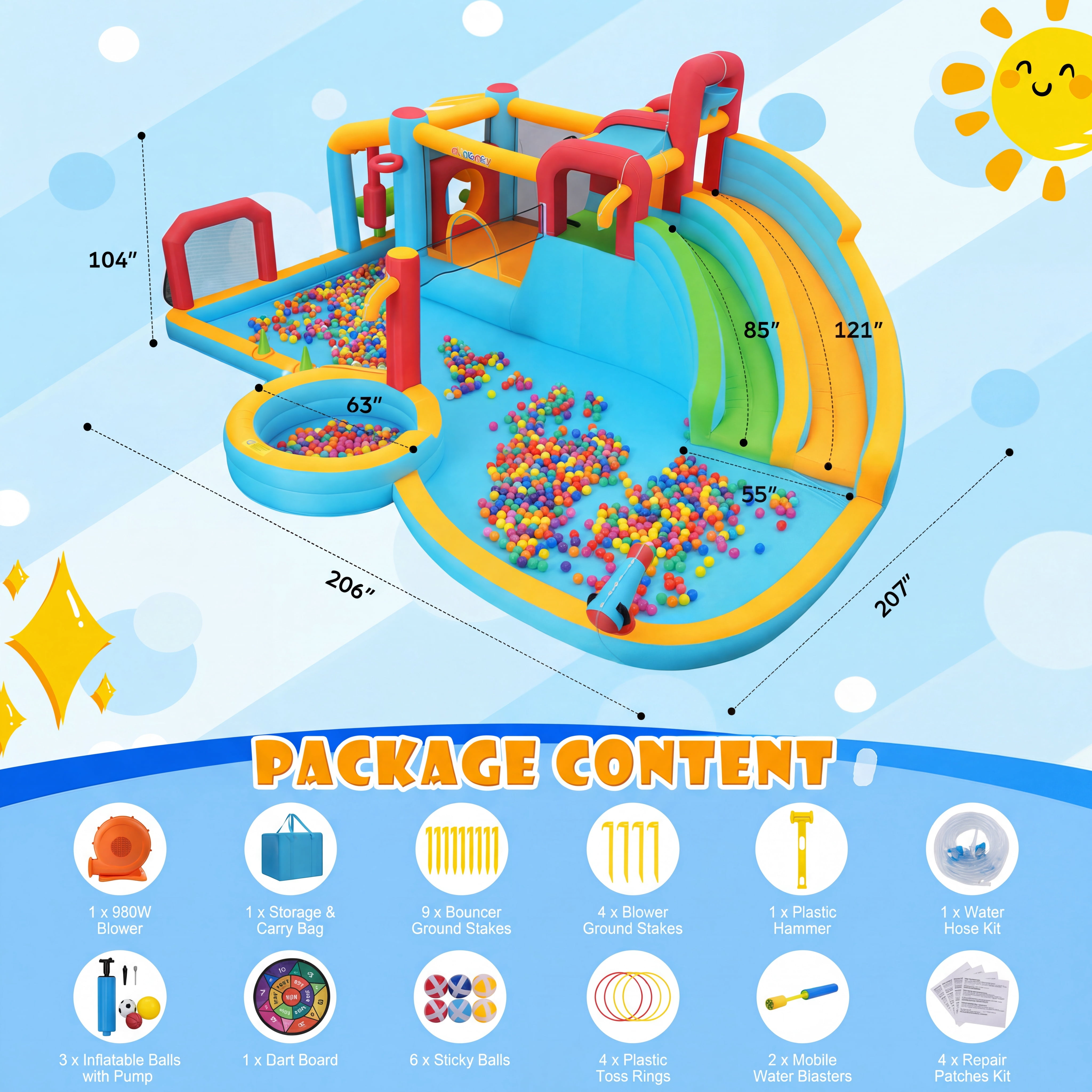 Adnoom 11in1 Inflatable Pool Water Slide for Big Kids 3~12, 21.6x17.2ft Giant Water Park, 2 Long Slide, Large Splash Pool&Deep Pool, 950w Blower, Backyard Bouncy Castle w/Jumping Area