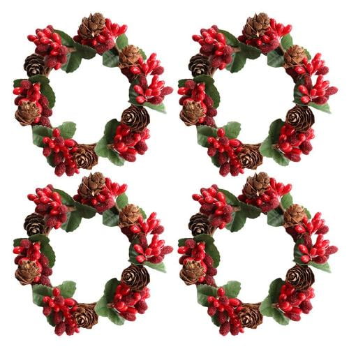 Set of 4 Christmas Candle Ring for Pillars Rustic Candle Holders, Small