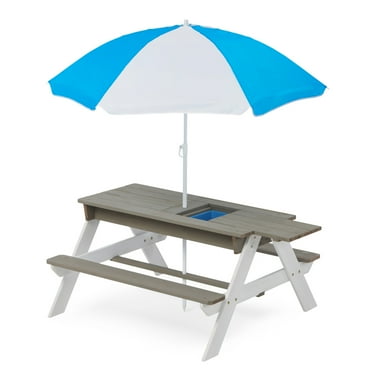 Kids Sandbox with Adjustable Cover, 46'' Wooden Sand Box with 2 Foldable Bench Seats, Outdoor Sandpit for Backyard Play