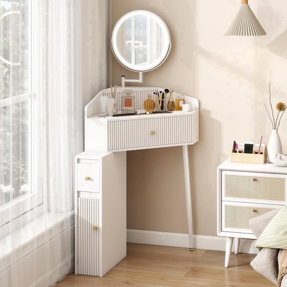 Solidee Corner Vanity Desk, Small Makeup Vanity Set with Retractable and Rotating Mirror and Lights