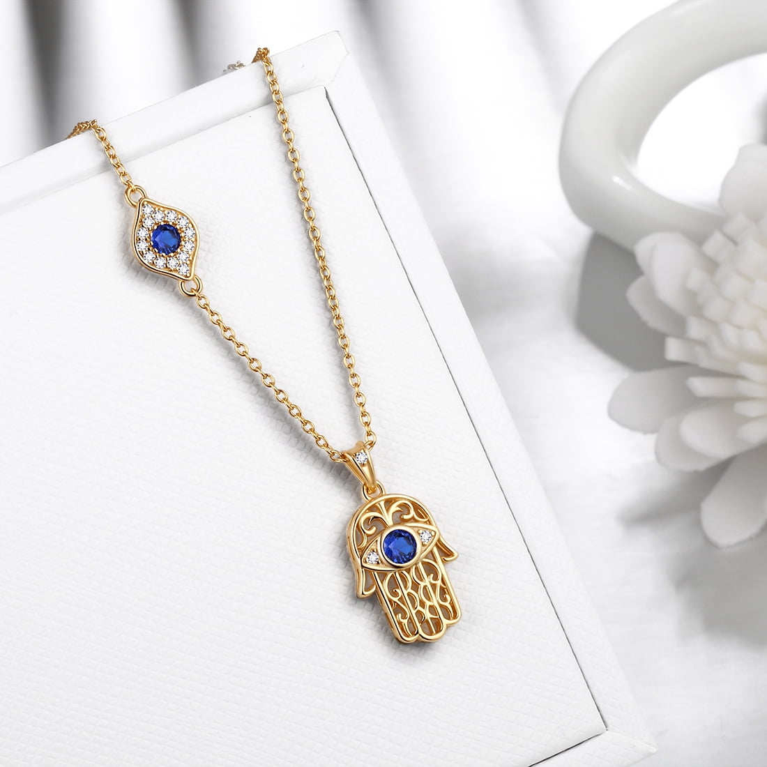Hamsa Hand Necklace 925 Sterling Silver Blue Third Eye Hand of Fatima Pendant Protective Jewelry Women Gifts Hipunk