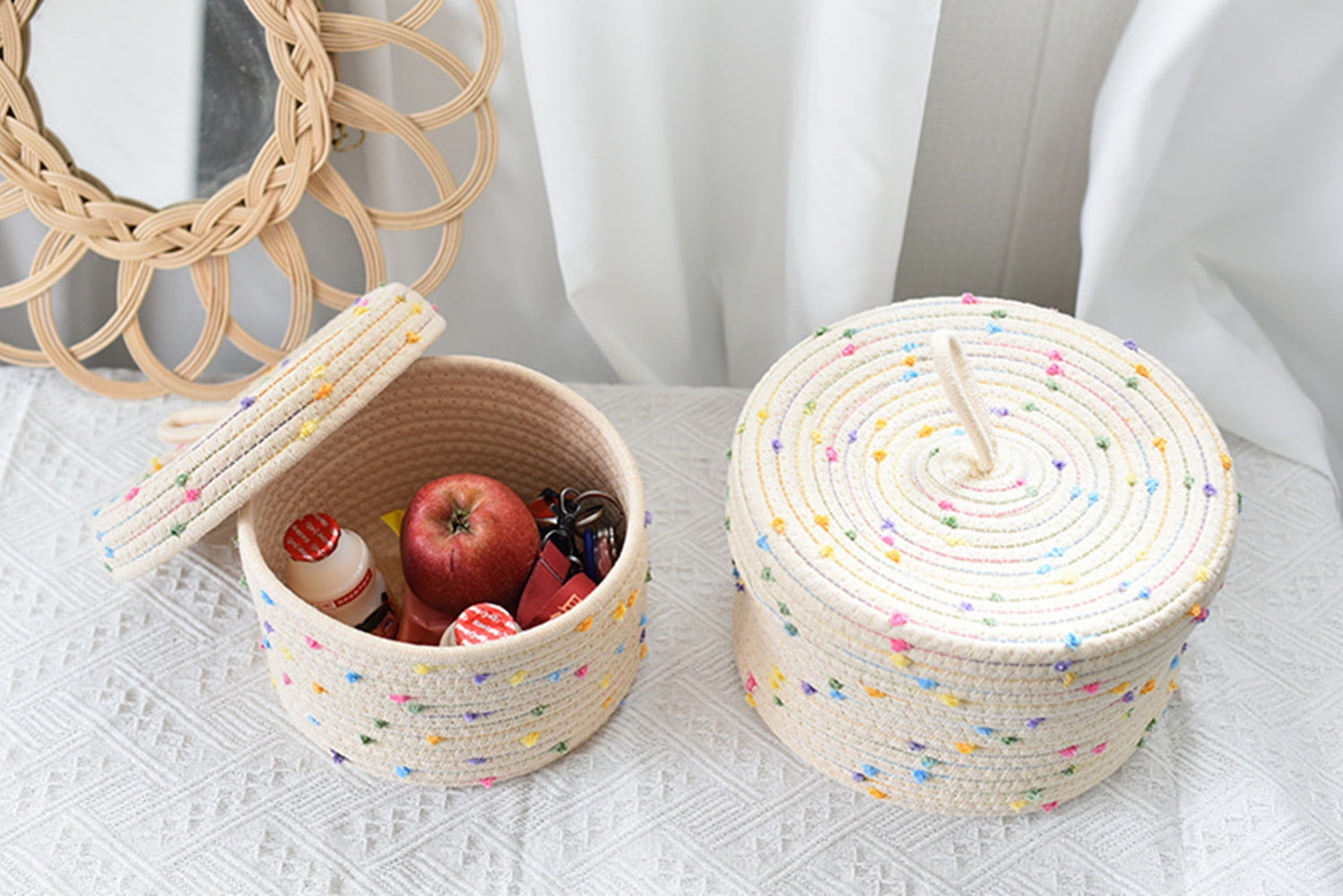 ZWHong 2-Pack Small Rope Basket with Lid, 10&8 Inch Round Woven Storage Baskets Set with Colorful Rainbow Pompom, 100% Natural Cotton Decorative Organizer for Home, Toys, Nursery