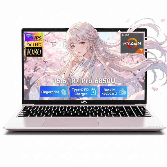 15.6" IPS FHD Gaming Laptop 16GB LPDDR5 RAM 2TB SSD AMD Ryzen 7 Pro 6850U (8 Cores Up to 4.7GHz) AMD Radeon 680M GPU with 100W Type-C Backlit Keyboard Fingerprint RoseGold