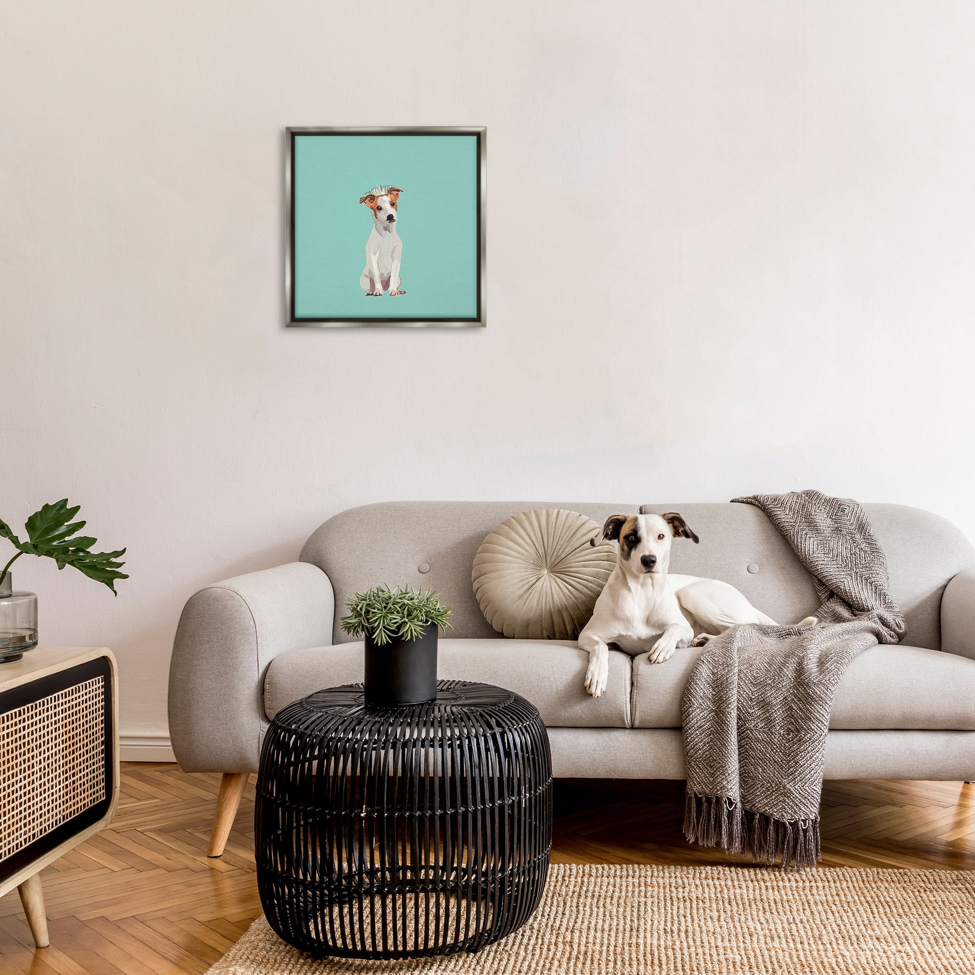 Stupell Industries Crowned Dog on Turquoise Animals & Insects Painting Gray Floater Framed Canvas Art Print Wall Art, 25 x 25