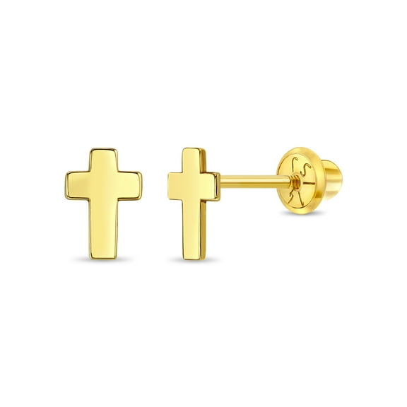 14k Yellow Gold Classic Cross Screw Back Earrings for Toddlers & Little Girls