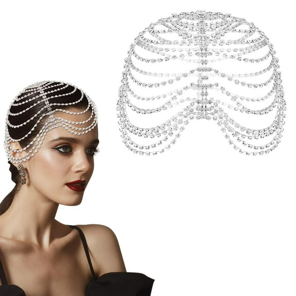 Cap Head Chain Rhinestone Mesh Cap Flapper Headpiece Accessories for Wedding Mardi Gras Party PlatinumPlatinum