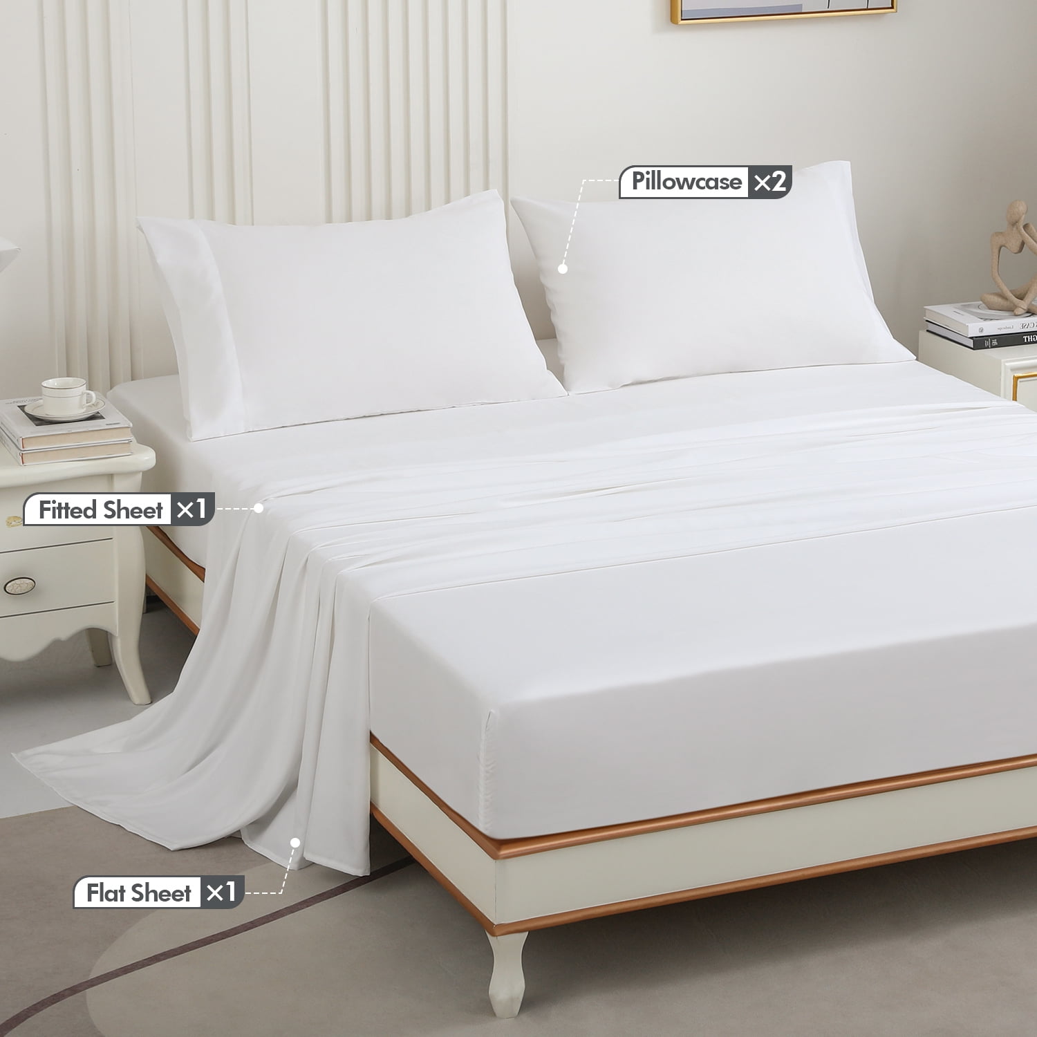 JOHNPEY Full Cooling Bamboo Sheet Set,Silky Soft Bed Sheets for Full Size Bed，Hotel Bedding Sheets & Pillowcases, Flat Sheet + Fitted Sheet + 2 Pillowcase,White