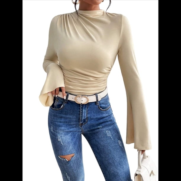 Camiseta Básica con Cuello Alto Fruncido y Mangas Largas con Volantes para Mujer Albaricoque S