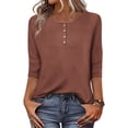thumbnail image 2 of Taqqpue Women Long Sleeve Shirts Casual Solid Color Crewneck Button Pullover Tops Fall Winter Loose Fit 3/4 Sleeve Plus Size Cotton Blouse T Shirts for Women, 2 of 8