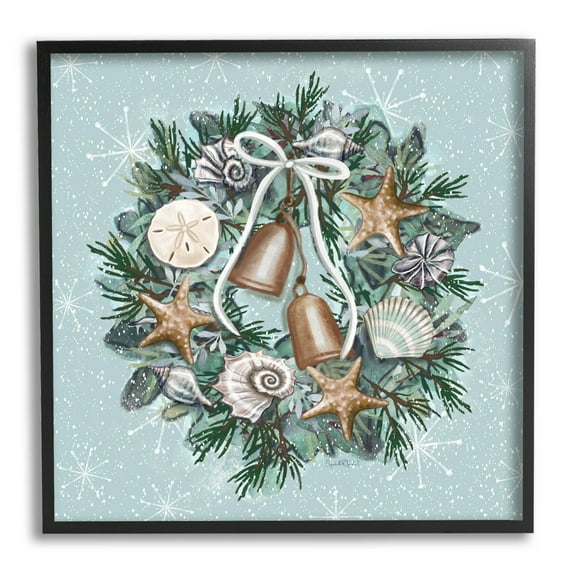 Stupell Industries Nautical Holiday Seashell Wreath Graphic Art Black Framed Art Print Wall Art, Design by Elizabeth Tyndall