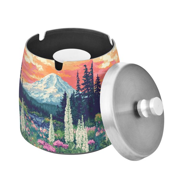 Yayeee Ashtray with Lid for Cigarette Smokeless Stainless Steel Home Ash Holder, Floral Mountain