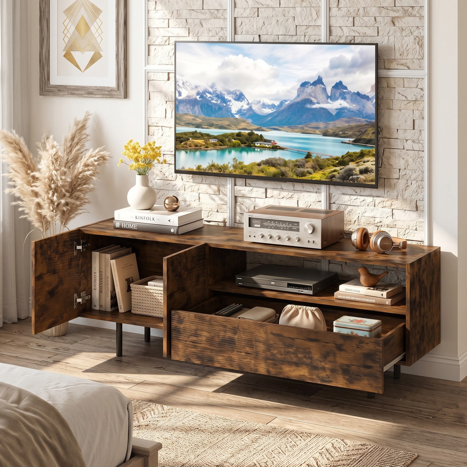 Furnibear 60 inch TV Stand for TVs up to 70 Inch with Storage Cabinet, Open Shelf and Raised Metal Legs, Rustic Farmhouse Entertainment Center Media, Rustic Brown