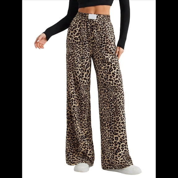 Women'S Plaid Leopard Print Straight Leg Pants Elastic Waist Y2K Trousers Bottoms with Pockets Brown L