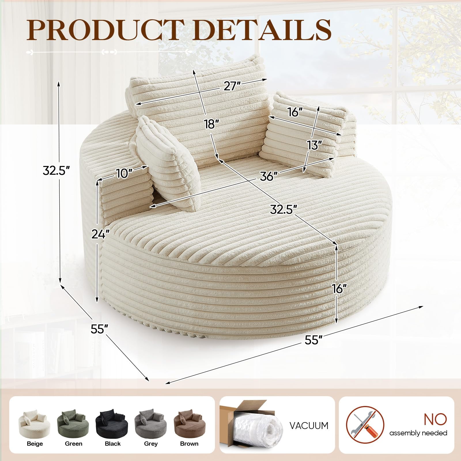 Aukfa 55" Oversized Round Chaise Lounge Chair Indoor, Corduroy Upholstered Sleeper Chair with Deep Seat & Pillows, Beige