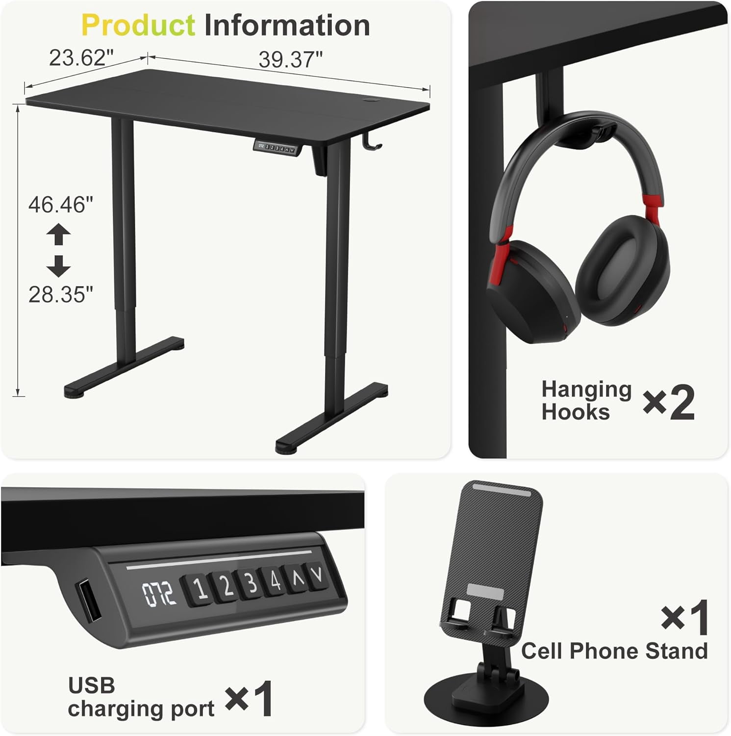 JessieMal Electric Standing Desk, 40 x 24 Inches Sit Stand up Desk, Sit Stand Height Adjustable Home Office Desk with 4 Height Position Memory - with Splice Board (Black, 40)