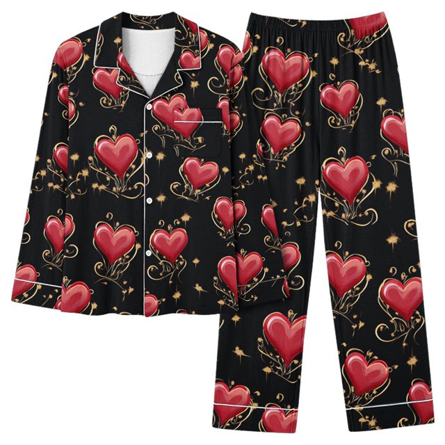 Amzcrzy Pyjamas de la Saint-Valentin pour Femmes Ensemble Mode Décontracté 2 Pcs Tenues de la Saint-Valentin Col à Revers Bouton Imprimé Manches Longues Hauts et Pantalons Ensembles de Vêtements de Nuit