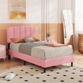 thumbnail image 2 of Alazyhome Twin Size Velvet Headboard Microfiber Platform Bed with Slat, Pink, 2 of 6