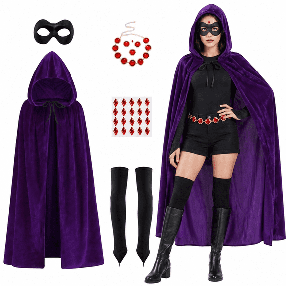 Alaiyaky Purple Cape Costume Women's Halloween Cosplay Costume Purple Cosplay with Adjustable Red Gem Waist Belt