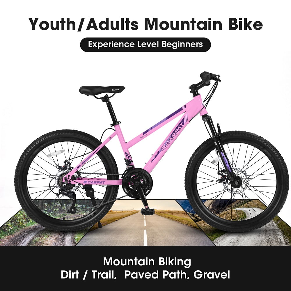 YDSM  24 inch Mountain Bike Shimano 21 Speeds with Dual Disc Brakes and 100mm Front Suspension Pink