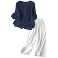 thumbnail image 3 of HAIJIE womens linen set two Piece Easter Sets for Women Summer Spring Lou-nge Sets Travel Vacation Outfits Cap Sleeve Side Slit Wide Leg Pants (Navy,XXL), 3 of 3