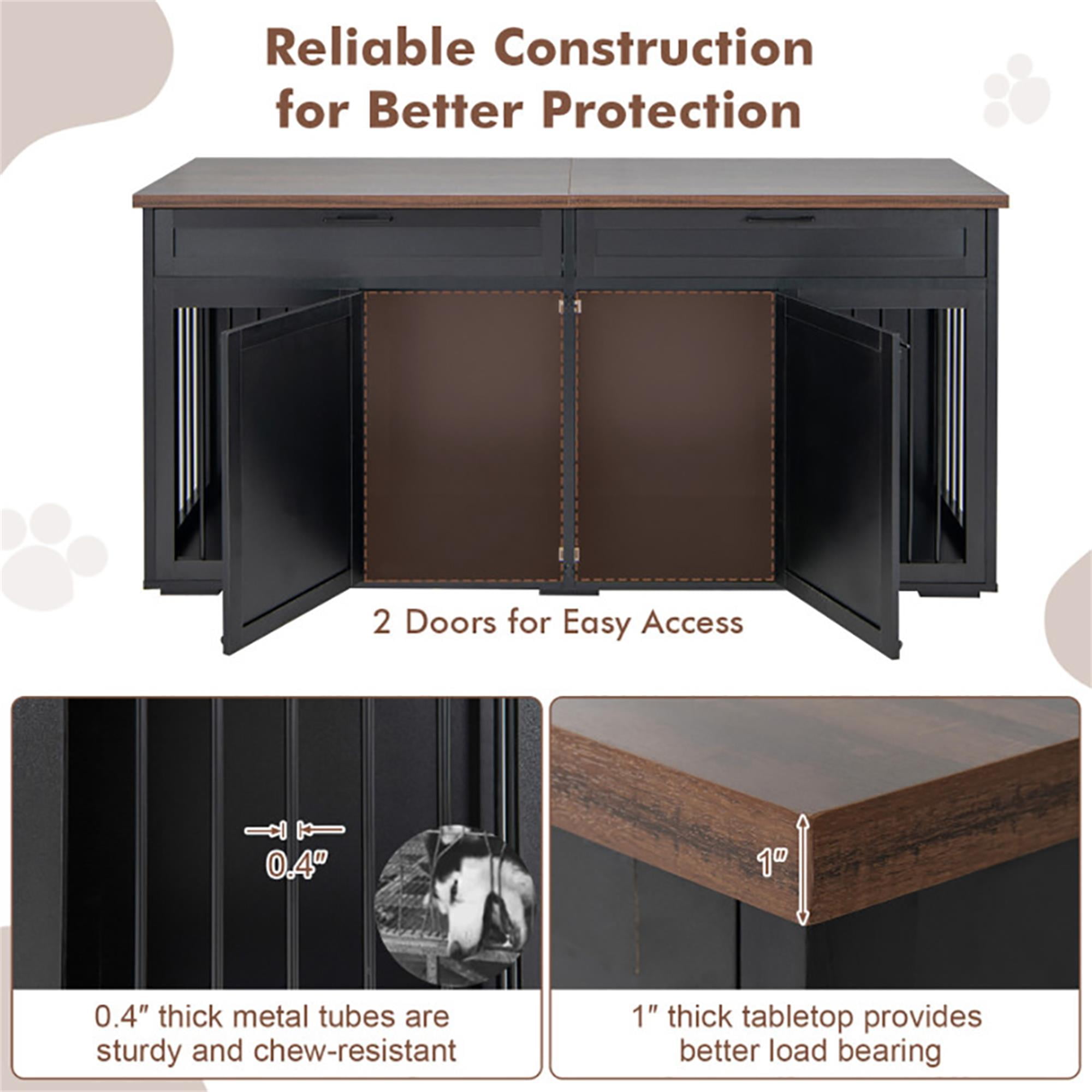 Kadyn 72" Double Door Dog Crate with Partition for Two Puppies, Furniture Style Dog Cages, Indoor Wood Kennel with Room Divider, Black