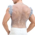 thumbnail image 4 of Alkepwun Mens Tank Tops Openwork Mesh Rhinestone Muscle Shirts with Feather Accents Summer Solid-Color Sexy Breathable Round-Neck Top, 4 of 5