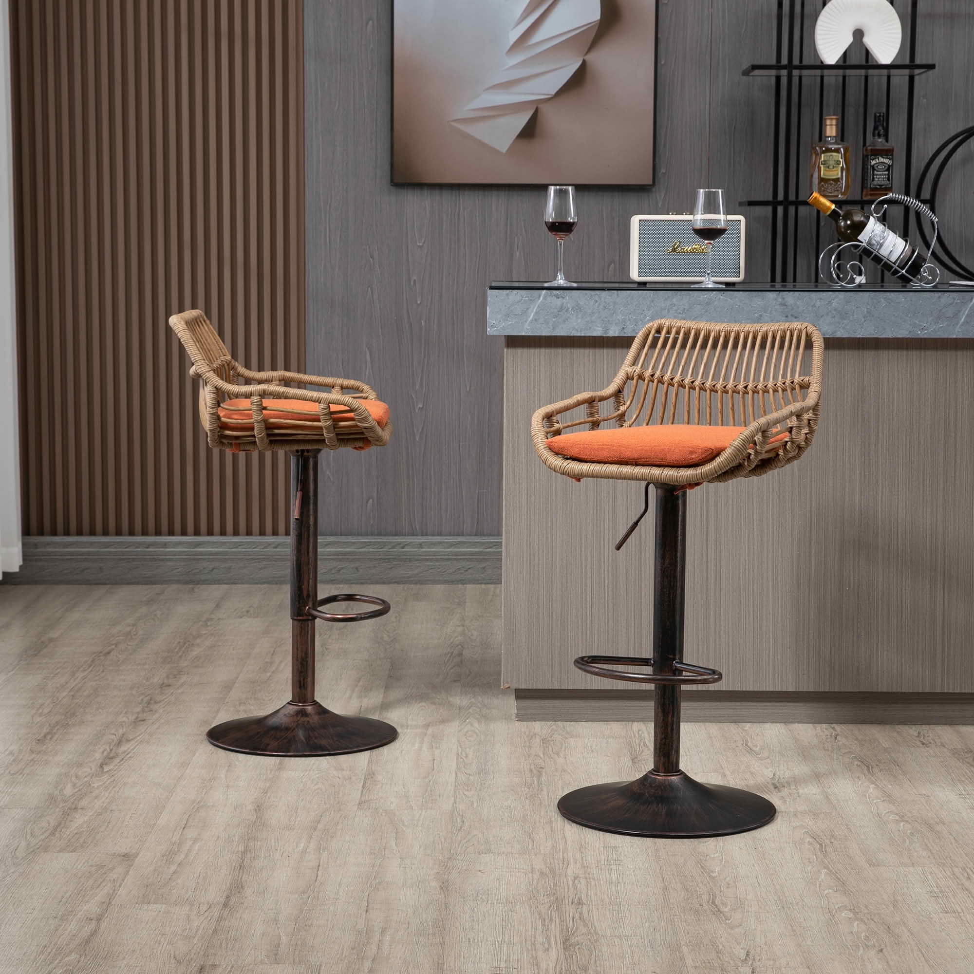 MAYEERTY Swivel Bar Stools Set of 2, Adjustable Height Chairs with Footrest, Linen and PE Rattan Back, Orange