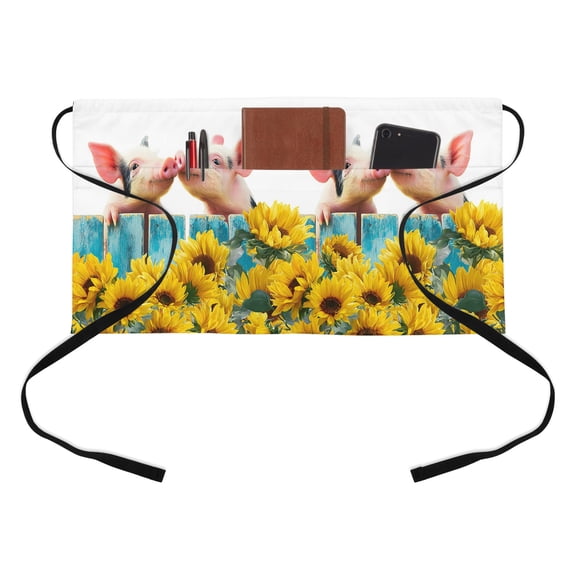 Pigs Kitchen Restaurant Half Waist Apron, Farmhouse Cute Pigs Blue Wooden Fence Sunflowers Server Short Apron with 3 Pockets Waterproof Oil Waist Aprons for Women Waitress Waiter