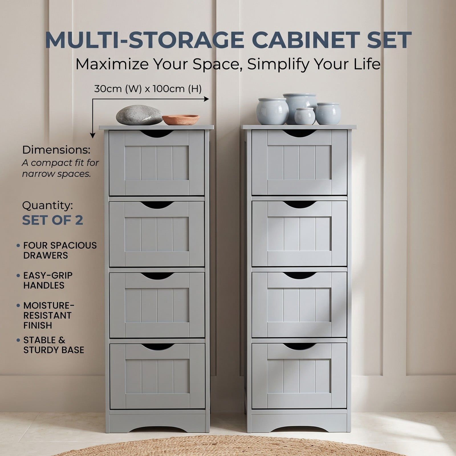Fenbeli 4-Drawer Bathroom Floor Cabinet, Freestanding Wooden Storage Side Organizer with Anti-Toppling Device, Narrow Waterproof MDF Storage Tower for Bathroom, Gray