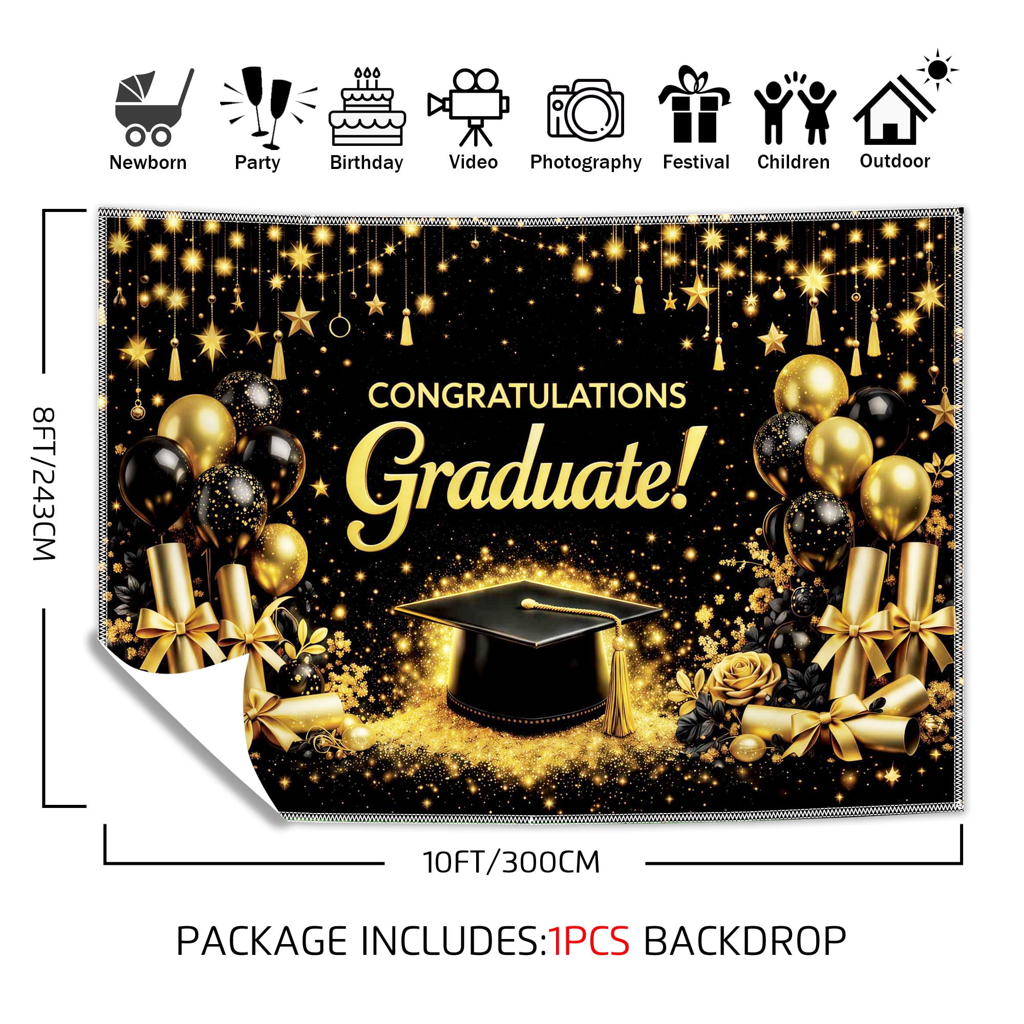 Fluzimir 10x8ft Polyester Fabric Golden Starlight And Black Graduation Photography Backdrop Class Of Background Bachelor Cap Balloon For Grad Congrats Prom Party Decoration Banner Picture Studio