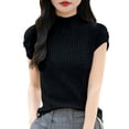 thumbnail image 2 of jtjvou Women's Mock Neck Short Sleeve Blouses Ribbed Knit Top Casual Slim Fit Tee Shirt Textured Business Casual Outfits Black L, 2 of 8