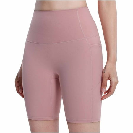 DeHolifer Women s Yoga Shorts High Waist Tummy Control Solid Color Casual Sports Gym Shorts with Pocket Pink XL