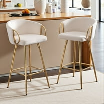 Hassch Velvet Upholstered Bar Stools Set of 2, 26 Inch Counter Chairs with Armrests, Golden Metal Legs and Ergonomic Backrest (Cream)