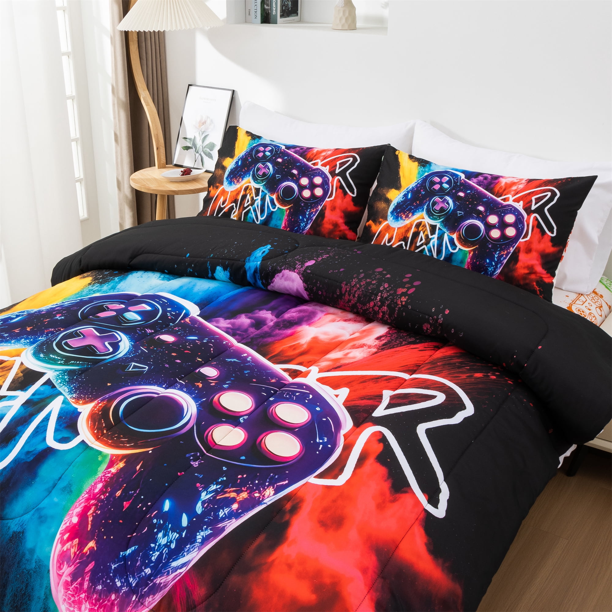 Btargot 3-piece Gamer Gaming Twin Comforter Set for Boys Colorful Gamepad Soft Bedding Set