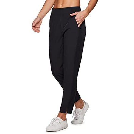RBX Women's Active Fashion Woven Ankle Pant with Pockets Ribbed Side Solid  Black 