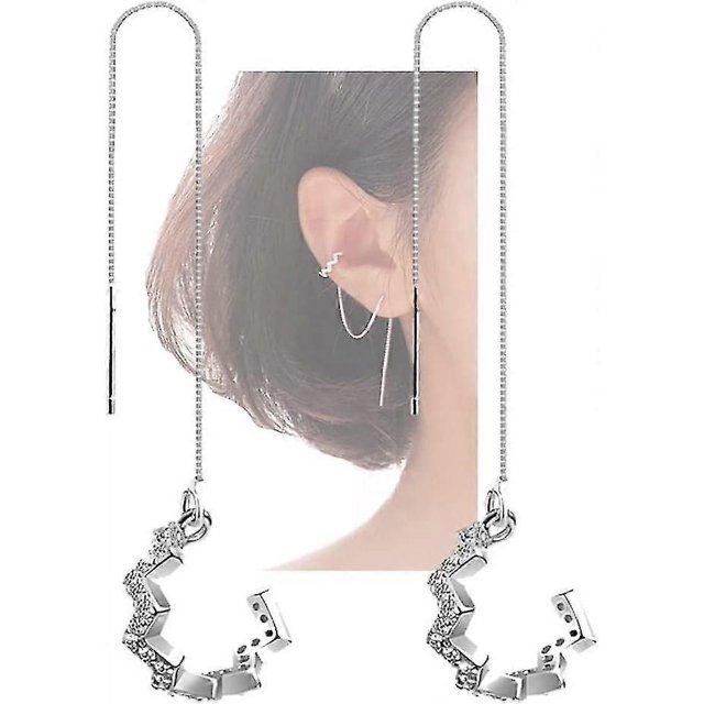 925 Sterling Silver Wave Cuff Earrings Wrap Tassel Earrings for Women Teen Girls Dangle Earrings Threader Chain----silver--Product code 80373 silver