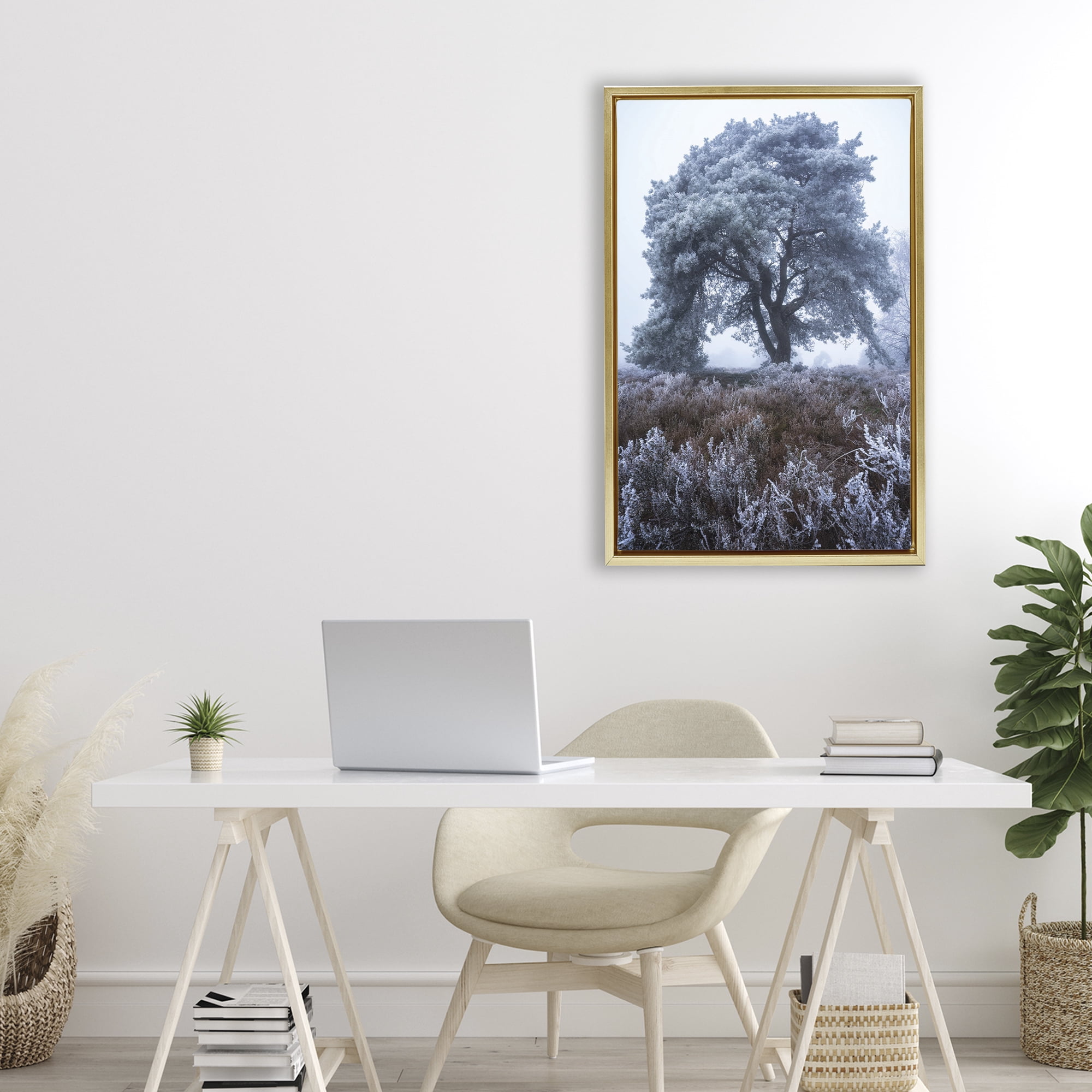 Stupell Industries Frosted Tree in Winter Mist Gold Framed Floater Canvas Wall Art, design by Martin Podt