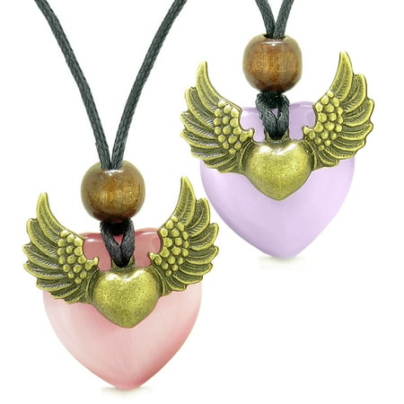Angel Wings Love Couple or Best Friends Heart Yin Yang Amulets Pink Purple Simulated Cats Eye