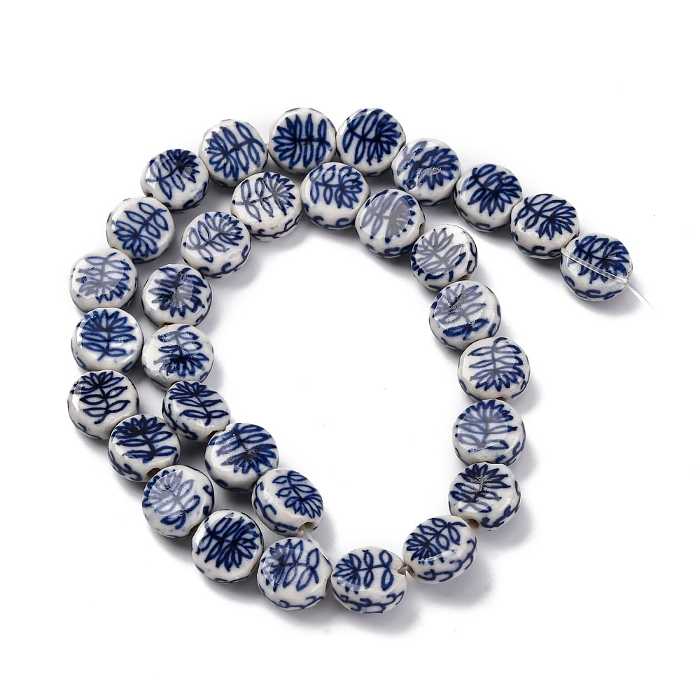 Handmade Blue and White Porcelain Beads Strands Mixed Patterns Round Prussian Blue 11~12x5~6mm Hole: 1.6mm about 32pcs/strand 14.25''(36.2cm)