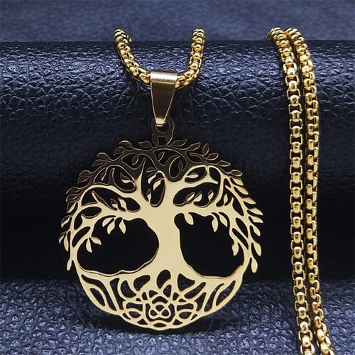 Fashion Tree of Life Round Necklace for Women Men 14K Yellow Gold Chain Necklaces Jewelry arbre de vie