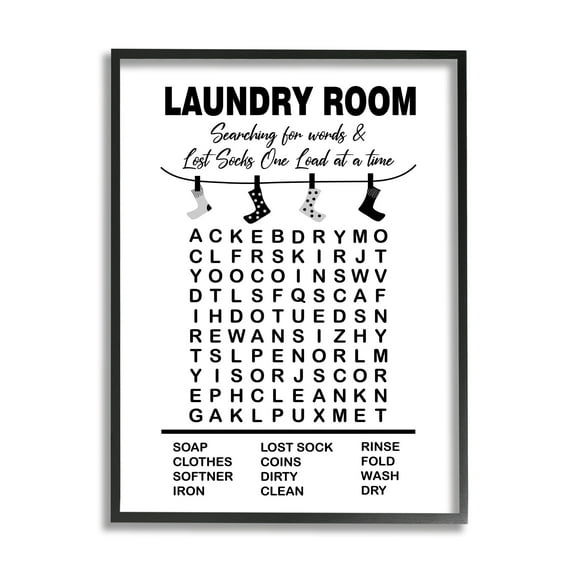 Stupell Industries Laundry Room Word Search Lost Socks Hanging Graphic Art Black Framed Art Print Wall Art, Design by Lettered and Lined