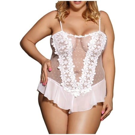 

Women s Plus Size Fashion Flower Printing Sexy Lingerie Lace Underwear Perspective Nightdress Suit