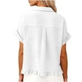 thumbnail image 5 of Womens Short Sleeve Tops Fashion Spring Clothing Fabric Solid Color Front Pocket Hem Fringe Short Sleeve Flared Collar Top, 5 of 9