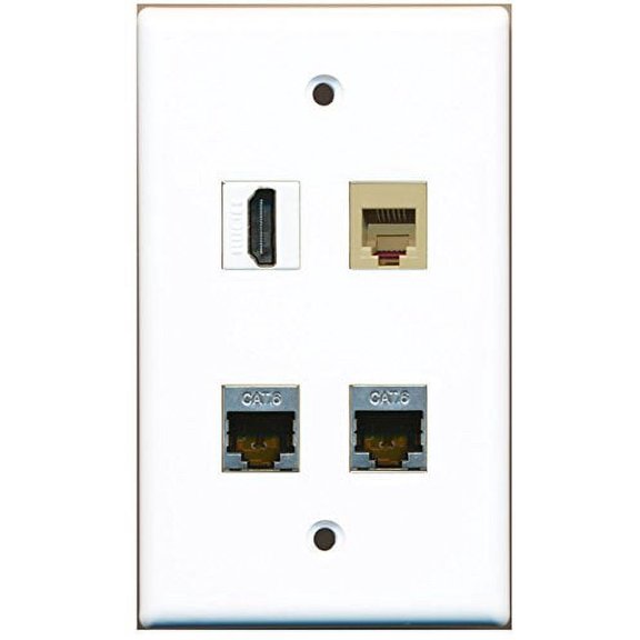 RiteAV - 1 Port HDMI 1 Port Phone RJ11 RJ12 Beige 2 Port Shielded Cat6 Ethernet Wall Plate