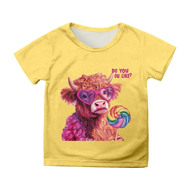 XASZHN T-Shirt à Manches Courtes pour Enfants de la Saint-Valentin Imprimé Décontracté Jaune_004 8-9 Ans