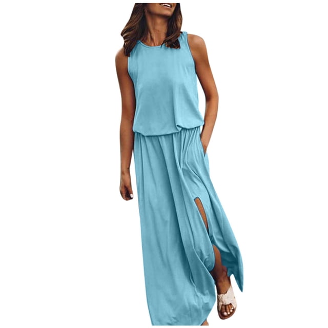 Leutsin Robe d'Été Décontractée pour Femme Grande Taille Robe d'Été Aguichant pour Femme Sans Manches à Col Rond avec Fente