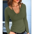 thumbnail image 4 of Womens Fall Clothes Long Sleeve Shirts Halter U Neck Ribbed Knit Slim Fitted Basic Casual Tops Green M, 4 of 9