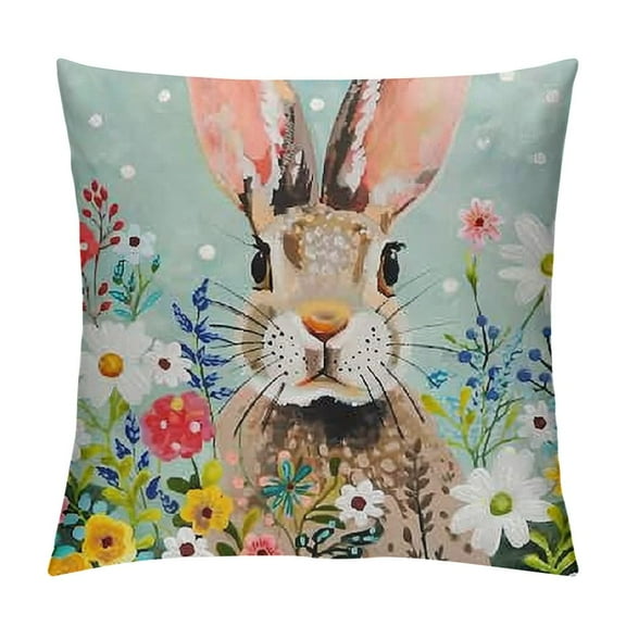 Creowell Happy Easter Pillow Covers , Floral Rabbits Bunny  Farmhouse Decorative Throw Pillowcases for Home Sofa Couch Decoration