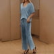 thumbnail image 4 of Conjunto de Sudor para las Mujeres de la Pierna Ancha de Moda Sólido Cuello en V de Manga Corta Pijamas, Pantalones Recortados Casuales Conjunto para el Descanso Y el Ocio en Interiores, 4 of 7